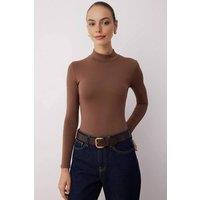 WOVCOR Women's Long Sleeve Turtleneck Stretch Knit Bodysuit in Brown | Size: Large