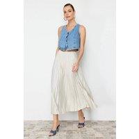 WOVCOR Women's Pleated Maxi Faux Leather Skirt in Stone | Size: S/M