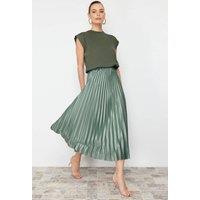 WOVCOR Women's Pleated Maxi Faux Leather Skirt in Mint | Size: S/M