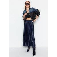WOVCOR Women's Pleated Maxi Faux Leather Skirt in Navy | Size: S/M