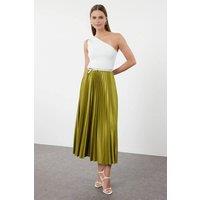 WOVCOR Women's Pleated Maxi Faux Leather Skirt in Green | Size: Large/XL