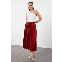 WOVCOR Women's Pleated Maxi Faux Leather Skirt in Burgundy | Size: S/M