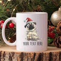 60 SECOND MAKEOVER Personalised Pug Christmas Lights Santa Hat Mug in White