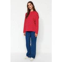 WOVCOR Women's Striped Crew Neck Cotton Sweatshirt in Red | Size: Medium