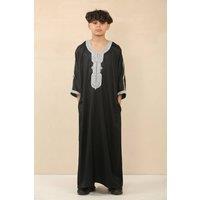 Thobez Boy's Moroccan Thobe Short Sleeve Gandoura Embroidery Jubba in Black | Size: 12-13 Years