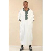 Thobez Men's Moroccan Thobe Gandoura Short Sleeve Jubba Islamic Clothing Kaftan Eid Robe Arab Embroidery in White | Size: 60R