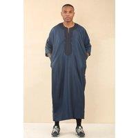 Thobez Men's Moroccan Thobe Gandoura Short Sleeve Jubba Islamic Clothing Kaftan Eid Robe Arab Embroidery in Navy | Size: 58R