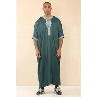 Thobez Men's Moroccan Thobe Short Sleeve Gandoura Embroidery Kaftan in Green | Size: 54R