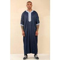 Thobez Men's Moroccan Thobe Short Sleeve Gandoura Embroidery in Navy | Size: 56R