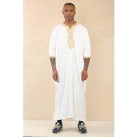 Thobez Men's Moroccan Thobe Short Sleeve Gandoura Embroidery Kaftan Jubba in White | Size: 62R