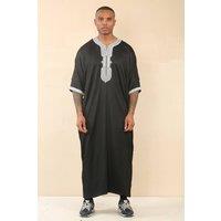Thobez Men's Moroccan Thobe Short Sleeve Gandoura Embroidery Kaftan Jubba in Black | Size: 56R