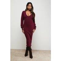 Oasis Women's Scallop Neck Knitted Midi Dress in Burgundy | Size: XS