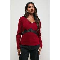 Oasis Women's Contrast Lace V Neck Knitted Top in Wine | Size: Medium