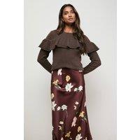 Oasis Women's Frill Yoke Detail Pointelle Jumper in Mocha | Size: Small