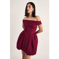 NastyGal Women's Satin Structured Bardot Lantern Mini Dress in Dark Red | Size: 8