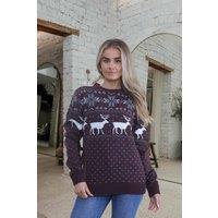 Femme Luxe Women's Reindeer & Snowflake Pattern Knitted Christmas Jumper in Wine | Size: 10