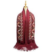 Vellin Women's Embroidered Floral Pattern Scarf - Soft Touch, Elegant Fringed Ends in Maroon