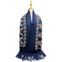 Vellin Women's Embroidered Floral Pattern Scarf - Soft Touch, Elegant Fringed Ends in Navy
