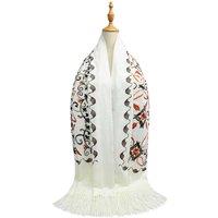 Vellin Women's Embroidered Floral Pattern Scarf - Soft Touch, Elegant Fringed Ends in Cream