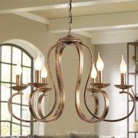Garwarm 6-Light Candle Bronze Retro Iron Pendant Chandelier Adjustable Height Ceiling Light in Metallic Gold