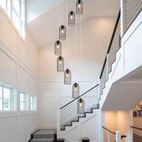 Garwarm 8 Light Modern Caged Pendant Light Long Staircase Chandelier in Black