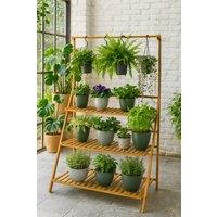 Neo 3‑Tier Indoor & Outdoor Foldable Bamboo Plant Stand with Hanging Hook in Light Oak
