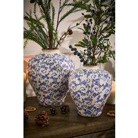 Dibor Set of 2 Vintage Luxury Solene Blue Botanical Round Flower Vase | Size: Large