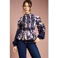 Coast Women's Printed Lace Trim Pleated Shirt in Navy | Size: 12
