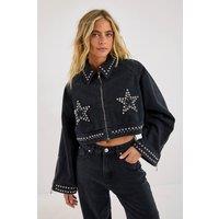 NastyGal Women's Star Studded Denim Cropped Jacket in Washed Black | Size: 10