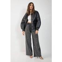 NastyGal Women's Diamonte Denim Chap Jeans in Washed Black | Size: 14