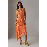 Warehouse Women's Chiffon Asymmetric Hem Ruffle Midi Slip Dress in Peach | Size: 14
