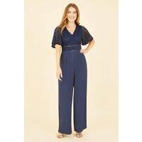 Yumi Women's Navy Lace Bodice Jumpsuit With Kimono Sleeve | Size: 10