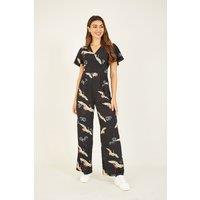 Yumi Women's Black Crane Print Jumpsuit | Size: 22