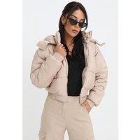 Femme Luxe Women's Cropped Padded Long Sleeve Zip Front Shower Proof Jacket in Stone | Size: 12