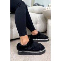 Love Lemonade Women's Crystal Trim Faux Fur Soft Touch Slippers in Black | Size: 5