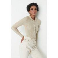 WOVCOR Women's Ribbed Collared Button-Up Knit Cardigan in Stone | Size: Medium