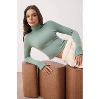 WOVCOR Women's Fitted Turtleneck Knit Blouse with Finger Detail in Mint | Size: XS