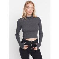 WOVCOR Women's Fitted Turtleneck Knit Blouse with Finger Detail in Dark Grey | Size: XL