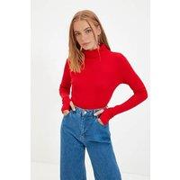 WOVCOR Women's Fitted Turtleneck Knit Blouse with Finger Detail in Red | Size: Large