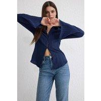 WOVCOR Women's Textured Woven Shirt With Button-Down Front in Navy | Size: 6