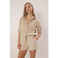 WOVCOR Women's Linen Look Oversize Woven Shirt in Taupe | Size: 14