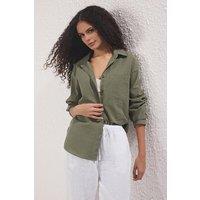WOVCOR Women's Linen Look Oversize Woven Shirt in Khaki | Size: 8