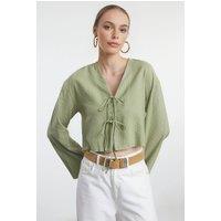 WOVCOR Women's Striped Woven Shirt with Tie Detail in Green | Size: 8