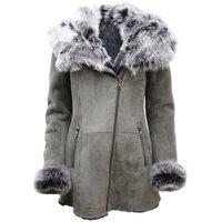 Infinity Leather Women's Suede Hooded Merino Sheepskin Coat-Monrovia in Grey | Size: 20