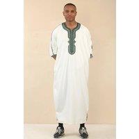 Thobez Men's Moroccan Thobe Gandoura Short Sleeve Jubba Islamic Clothing Kaftan Eid Robe Arab Embroidery in White | Size: 62R