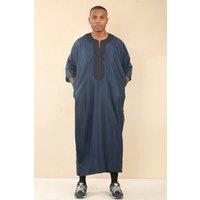 Thobez Men's Moroccan Thobe Gandoura Short Sleeve Jubba Islamic Clothing Kaftan Eid Robe Arab Embroidery in Navy | Size: 62R