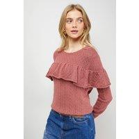 Oasis Women's Frill Yoke Detail Pointelle Jumper in Desert Rose | Size: Small