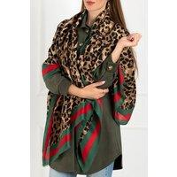 FS Collection Women's Leopard & Strip Print Fringed edges Scarf In Green & Red
