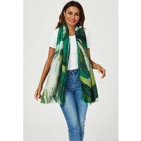 FS Collection Women's Gold Foil Abstract Brush Print Fringed edges Scarf In Green