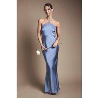 Oasis Women's Lace Trim Halter Satin Maxi Bridesmaid Dress in Blue | Size: 16